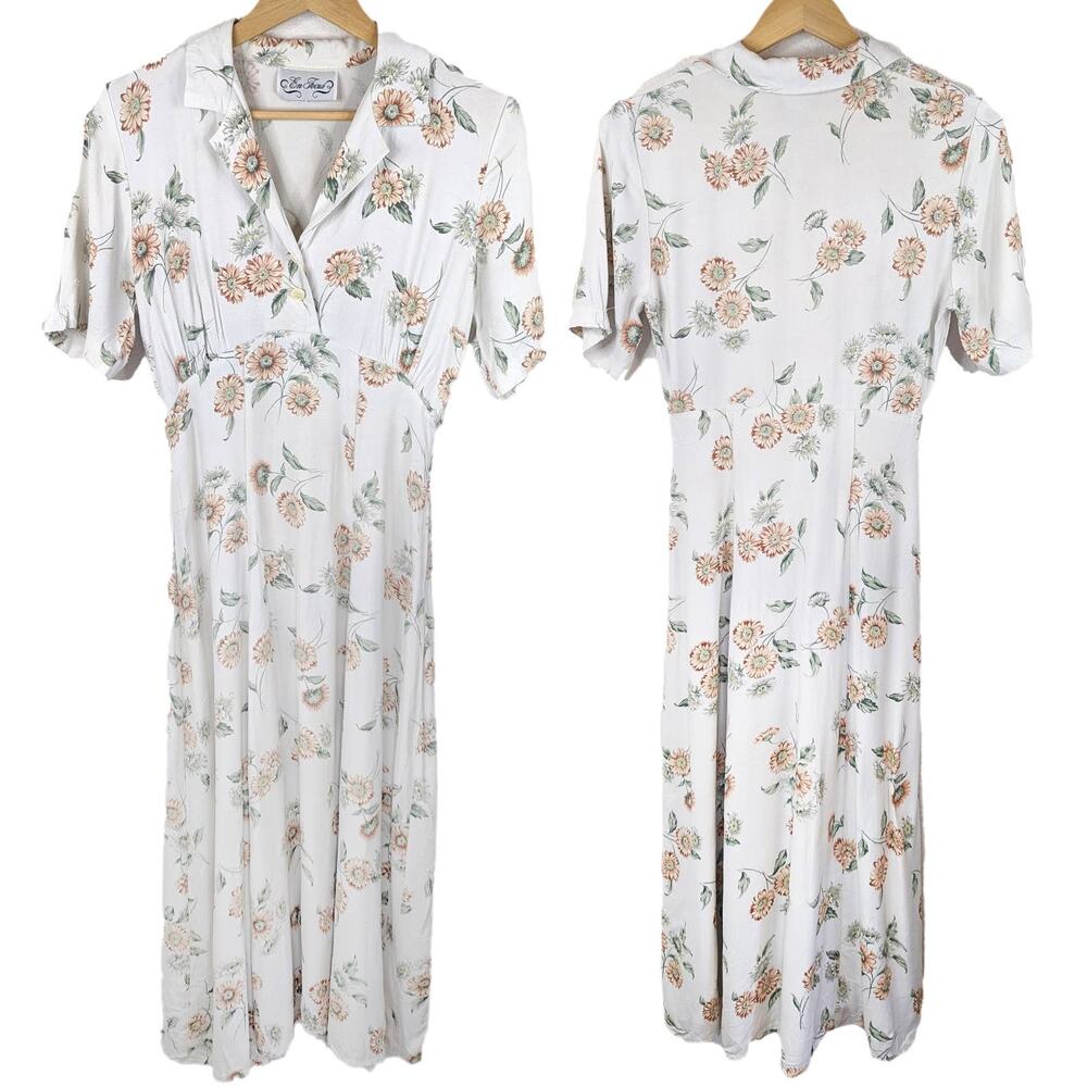 Vintage Floral White Sundress Midi Fit n Flare Collar Button Front Cottagecore S